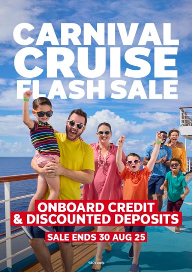 Carnival Cruise Flash Sale | onboard credit & discounted deposits | sale ends 30 Aug 25. Family wearing sunglasses cheering on the deck of a cruise ship