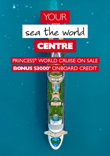 Your sea the world centre - Princess world cruise on sale. Bonus $3,000* onboard credit. Top down shot of a cruise ship