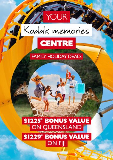 Your kodak memories centre - Family Holiday Deals. $1,225* bonus value on Queensland. $1,229* bonus value on Fiji. Circular imagery of a Family celebrating with popular holiday attractions in the backgroun