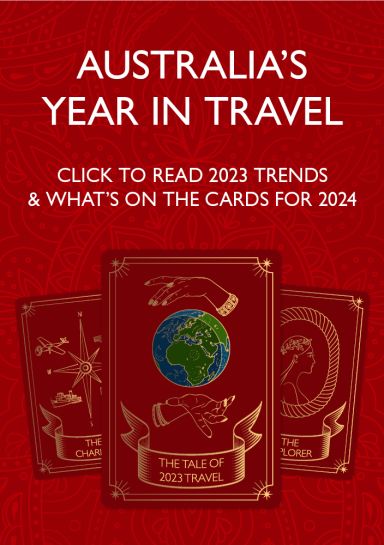 Australia's year in travel. Click to read 2023 trends & what's on the cards for 2024. Travel-themed Tarot Cards on a maroon background