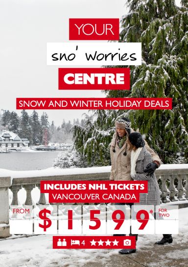your sno' worries centre - Snow and winter holidays. Includes NHL tickets - Vancouver Canada from $1,599* for two. Couple walking across a snow-covered bridge