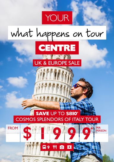 Your what happens on tour centre - UK & Europe sale. Save up to $810* | Cosmos Splendors of Italy tour from $1,999* per person. Man using perspective to kiss the Leaning Tower of Pisa