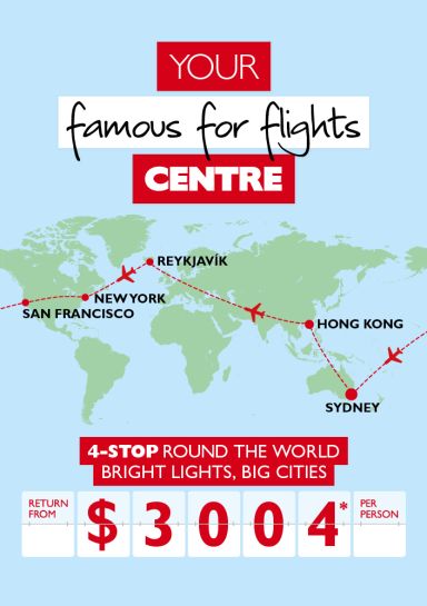 Your famous for flights Centre | Sydney - Hong Kong - Reykjavik - New York - San Fran | 4-stop round the world | Bright lights, big cities return from $3004* per person