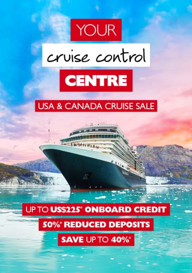 Your cruise control centre | USA & Canada cruise sale. Up to US$225* onboard credit. 50%* reduced deposits. Save up to 40%*. Holland America Line cruise ship in arctic water under a colourful sunset