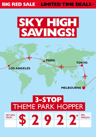 Sky high savings! Melbourne - Tokyo - Paris - Los Angeles 3-stop theme park hopper return from $2922* per person