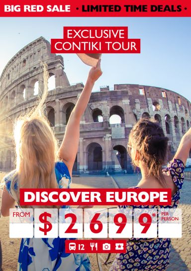 Exclusive Contiki tour | discover Europe from $2,699* per person. Two women in sundresses waving at the Colosseum