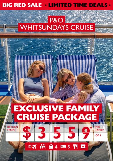 P&O Whitsundays cruise | exclusive family cruise package. Return from $3,559* per family of 4. Grandmother, mother and daughter relaxing on a cruise ship