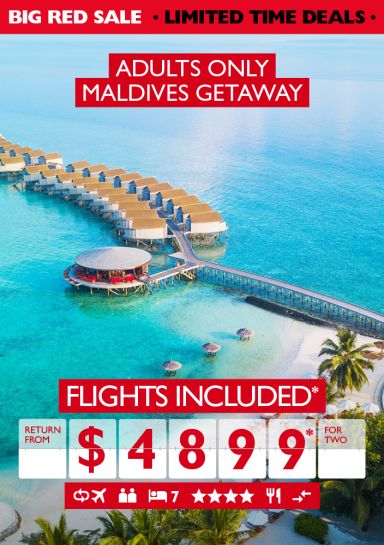 Adults only Maldives getaway - flights included*. Return from $4,899* for two. Oversea bungalows in Maldives