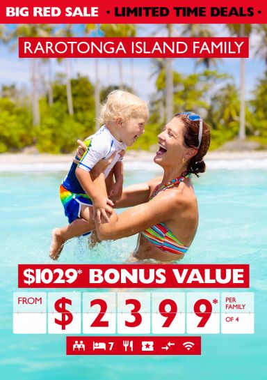 Rarotonga Island family | $1,029* bonus value from $2,399* per family of 4. Mother and child laughing and playing in the ocean