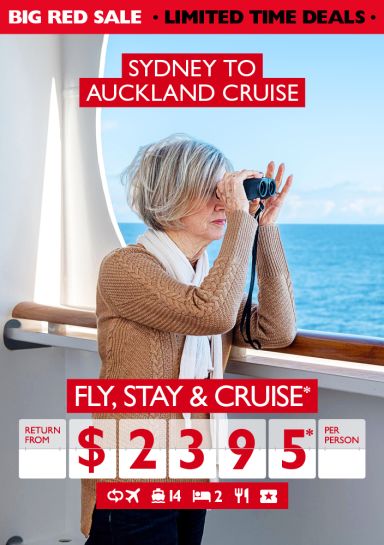 Sydney to Auckland cruise - fly, stay & cruise return from $2,395* per person. Woman with binoculars on a cruise ship