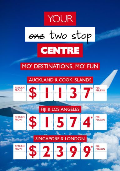 Your two stop Centre | Auckland & Cook Islands return from $1137* per perosn, Fiji & Los Angeles return from $1574* per person, Singapore & London return from $2399* per person