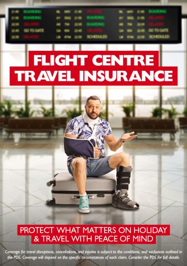 Flight Centre Travel Insurance | Protect what matters on holiday & travel with peace of mind. Man with a broken arm and leg sitting on his luggage in an airport