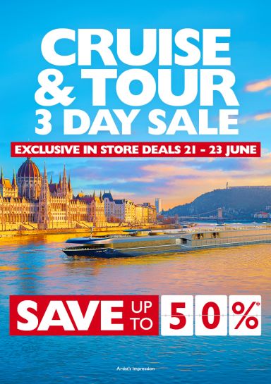 Cruise & tour 3 day sale. Exclusive in store deals 21-23 June. Save up to 50%*. APT river cruise ship sailing along the Danube river