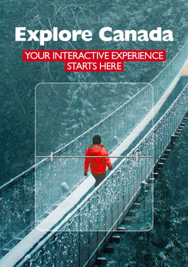 Explore Canada - Your interactive experience starts here. Person in red coat walking across a rope bridge in a snowy forest