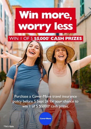 Win more, worry less - win 1 of 5 $5,000* cash prizes. Purchase a Cover-More travel insurance policy before 5 Sept 24 for your chance to win 1 of $5,000* cash prizes. Couple smiling while on holiday in Europe