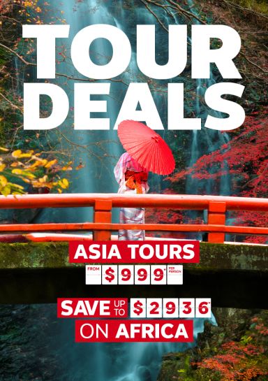 Tour deals. Asia tours from $999* per person, Save up to $2936* on Africa