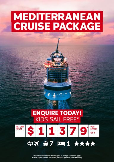 Mediterranean cruise for $11,379* per family of 4
