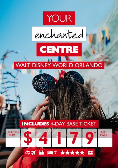 Your enchanted centre - Walt Disneyworld Orlando. Includes 4-day base ticket return from $4,179* for two. Girl wearing Minnie Mouse ears