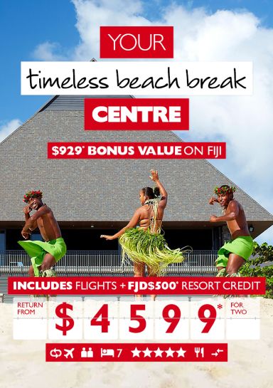 Your timeless beach break centre | $929* bonus value on Fiji. Includes flights + FJD$500* resort credit return from $4,599* for two. Fiji Island dancers in front of a large pyramid-shaped building