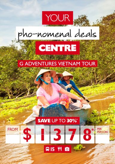 Your pho-nomenal deals centre | G Adventures Vietnam tour. Save up to 30%* from $1,378* per person. Three people on a small rowboat in a brown river