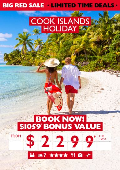 Cook Islands holiday. Book now! $2,299* for two. Couple walking along a beach with clear ocean water towards a lush jungle