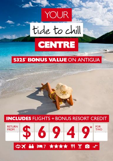 your tide to chill centre - $325* bonus value on Antigua. Includes flights + bonus resort credit return from $6,949* for two. Woman relaxing on a beach