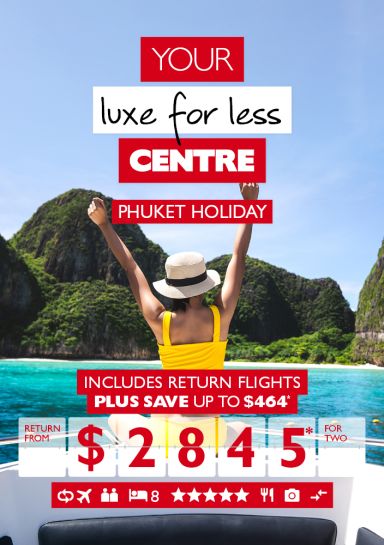 Your luxe for less centre - Phuket holiday. Includes return flights plus save up to $464* return from $2,845* for two. Woman in yellow swimmers stretching on a boat looking at tree-covered islands