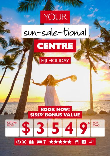 your sun-sale-tional centre | Fiji Holiday. Book now! $1,559* bonus value return from $3,549* for two. Woman in a white dress dancing on a beach at sunset