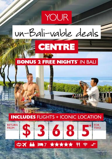 You un-bali-vable deals centre | bonus 2 free nights* in Bali. Includes flights + iconic location return from $3,685* for two. Couple relaxing at a swim up bar while a barman mixes a cocktail