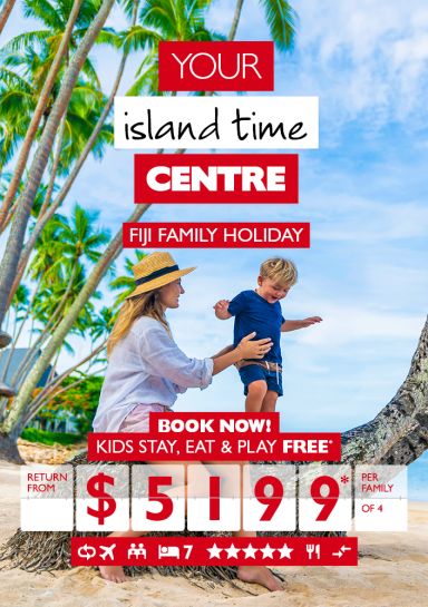 Your island time centre | Fiji Family holiday. Book now! Kids stay, eat & play free* return from $5,199* per family of 4. Mother and son playing on a tree on a beach