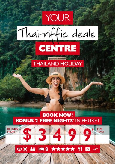 Your Thai-riffic deals centre | Thailand holiday. Book now! Bonus 2 free nights* in Phuket return from $3,499* for two. Woman wearing black bikini posing on a rowboat in front of a lush jungle