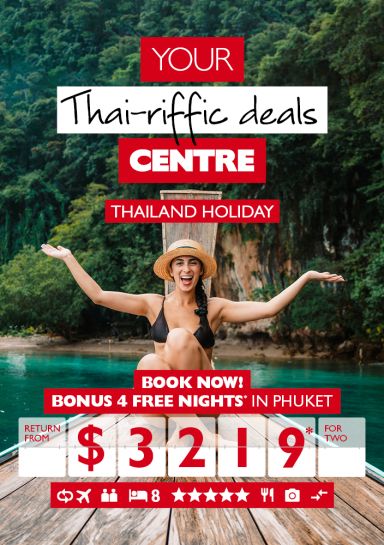Your Thai-riffic deals centre | Thailand holiday. Book now! Bonus 4 free nights* in Phuket return from $3,219* for two. Woman wearing black bikini posing on a rowboat in front of a lush jungle