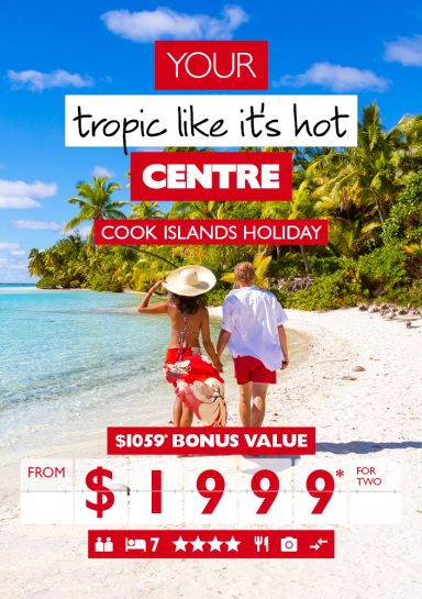 Your tropic like it's hot centre | Cook Islands holiday. $1,999* for two. Couple walking along a beach with clear ocean water towards a lush jungle