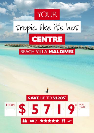Your tropic like its hot centre - beach villa Maldives. Save up to $2,285* from $5,719* for two. Wide shot of a white beach and bungalows in the background