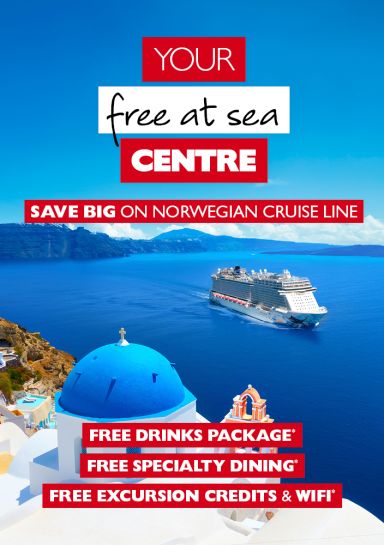 Your free at sea Centre | Save big on Norwegian Cruise Line | FREE DRINKS PACKAGE*, FREE SPECIALTY DINING*, FREE EXCURSION CREDITS & WIFI*