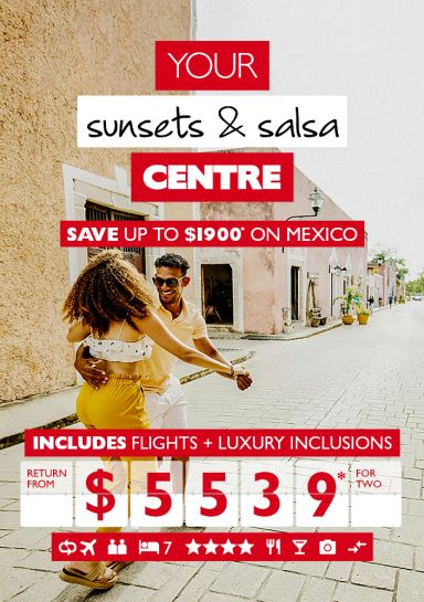 Your sweet & salsa centre - save up to $1,900* on Mexico | includes flights | luxury inclusions return from $5,539* for two. Couple dancing in the street in a quiet Mexican town