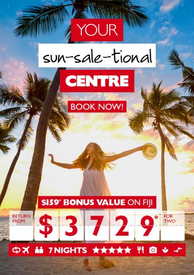 Your sun-sale-tional centre - book now! | $159* bonus value on Fiji. Return from $3,729* for two. Woman in white dress dancing on a beach at sunset