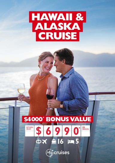 Hawaii & Alaska cruise. $4,000* bonus value | return from $6,990* per person. Middle aged couple drinking wine on the deck of a cruise ship