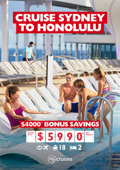 Cruise Sydney to Honolulu | $4000* bonus savings. Return from $5990* per person. Family of 4 laughing and splashing in the pool of a cruise ship