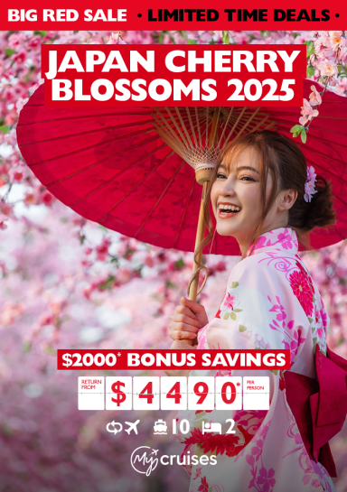 Big red sale - limited time deals. Japan cherry blossoms 2025. $2,000* bonus savings | return from $4,490* per person. Asian woman in a kimono smiling in front of Cherry Blossoms