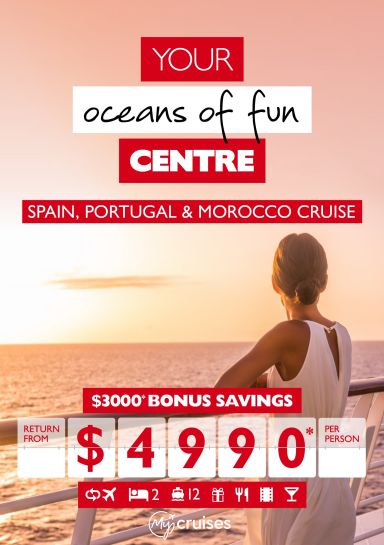Your oceans of fun centre - Spain, Portugal & Morocco Cruise. $3,000* bonus savings return from $4,990* per person. Woman gazing at a sunset from the deck of a cruise ship