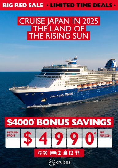 Cruise Japan in 2025 - the land of the rising sun. $4,000* bonus savings return from $4,990* per person. Celebrity cruise ship at sea.