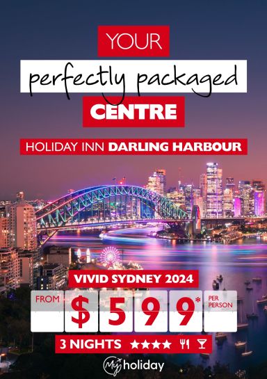 Your perfectly packaged centre | Holiday Inn Darling Harbour. Vivid Sydney 2024 from $599* per person. Sydney Harbour Bridge lit up at night