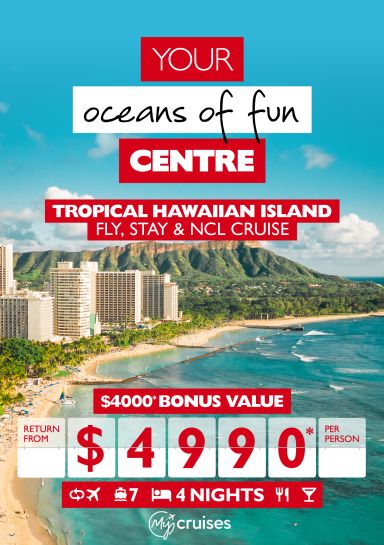 Your oceans of fun centre | Tropical Hawaiian Island. Fly, stay & NCL Cruise $4,000* bonus value return from $4,990* per person. Coastline of Hawaii - tall apartment buildings along a choppy beach
