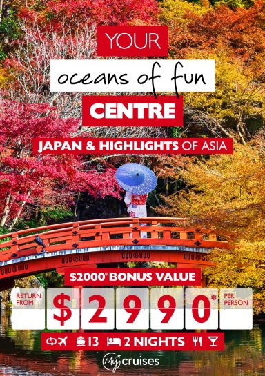 Your oceans of fun centre | Japan & Highlights of Asia. $2,000* bonus value return from $2,990* per person. Geisha on a red Japanese bridge, staring at autumn leaves