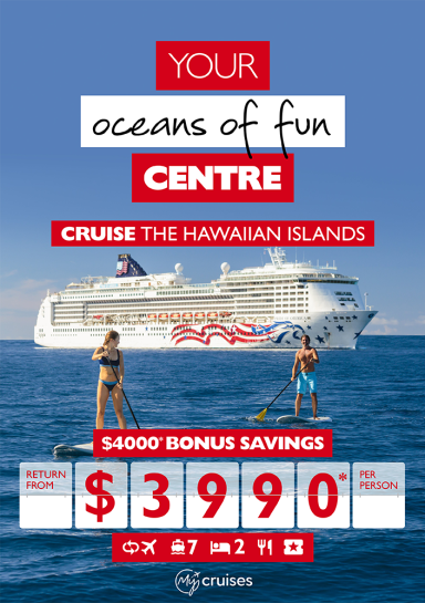 Your oceans of fun centre - Cruise the Hawaiian islands. $4,000* bonus savings return from $3,990* per person. Couple stand-up paddle boarding with a cruise ship in the background