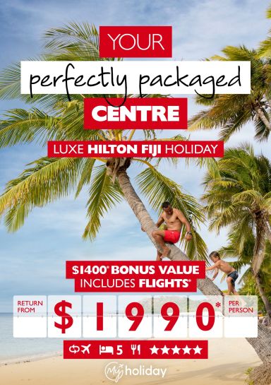 Your perfectly packaged centre | Luxe Hilton Fiji holiday. $1,400* bonus value includes flights return from $1,9990* per person. Father and son climbing a palm tree on a beach
