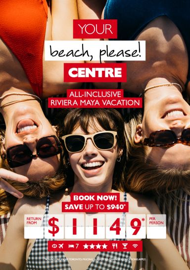 A group of three women on a lying on beach towels smiling Riviera Maya vacation return from $1149* per person