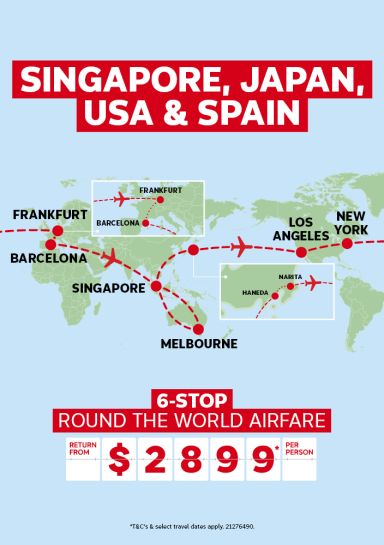 Singapore, Japan, USA & Spain. 6-stop round the world airfare return from $2899* per person