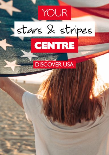 Your stars & stripes centre, discover USA text with image of woman flying an American flag
